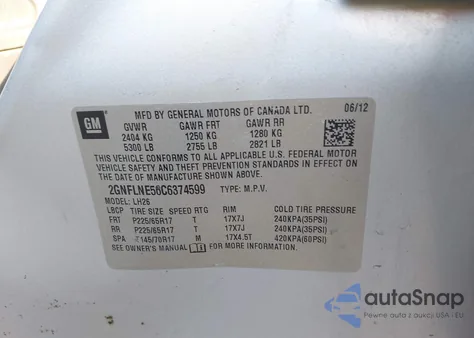 2012 Chevrolet Equinox 2Lt from USA, damaged, VIN 2GNFLNE56C6374599